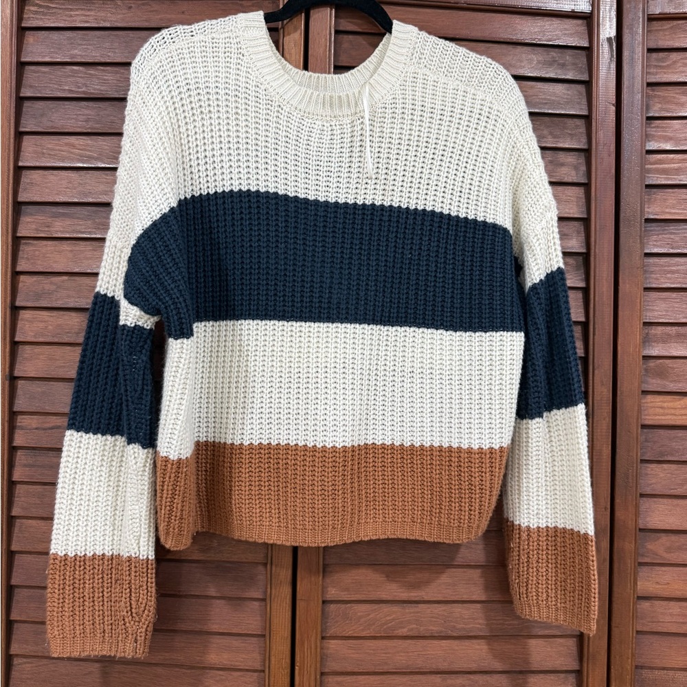 Striped Knit Sweater - Cream, Navy, and Brown